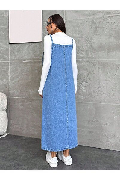 SHEVEGA KADIN UZUN MAVİ BAHÇIVAN ASKILI ELBİSE
