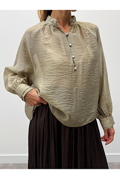 Maldia Shop Women's Balloon Sleeve Buttoned Chiffon Green Blouse