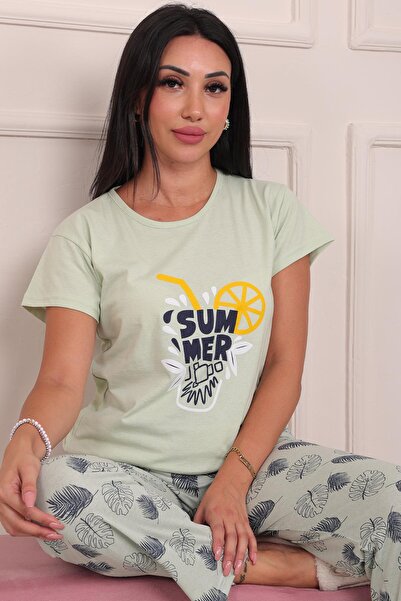 Niket Life Summer Sloganlı Kısa Kol Alt Uzun Pijama Takımı Mint