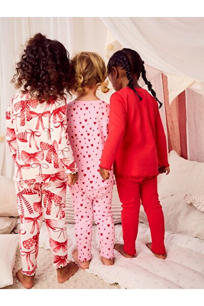 Next Baby Cotton Red Bow / Heart Patterned Long Sleeve 3-Piece Top and Bottom Set / Pajamas
