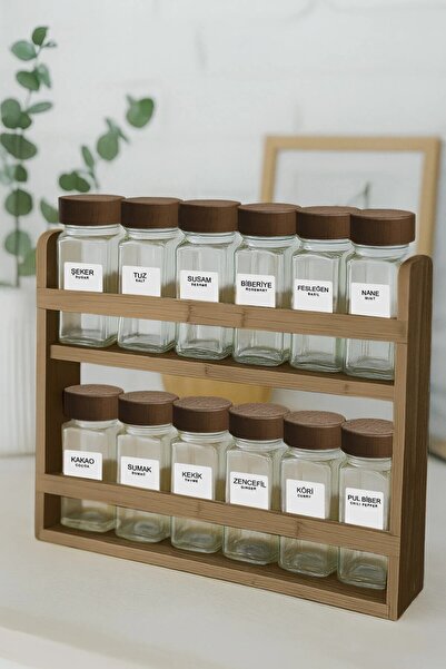 Kitchen Life 12' Li Acacia Stand Bamboo Lid Square Spice Jar Set 100 ml - Bamboo Spice Jar with Stand