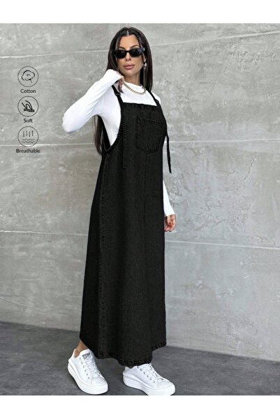 SHEVEGA KADIN UZUN SİYAH BAHÇIVAN ASKILI ELBİSE