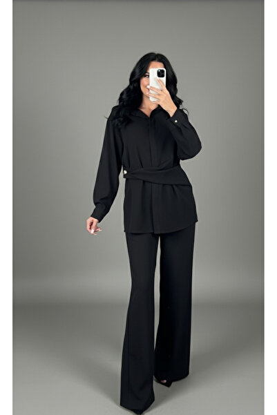 My Blog Black Gold Accessory Buttoned Shirt Pants Set - 8856