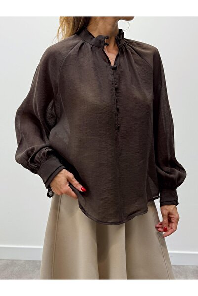 Maldia Shop Γυναικεία μπλούζα σιφόν καφέ με μανίκια μπαλόνι