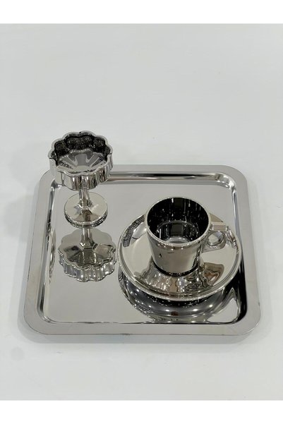 isra kristal 6-Person Luxury Silver Coffee Presentation Set – Stylish Cup Set, Turkish Delight Bowl and Tray - Elegant Presentation Set
