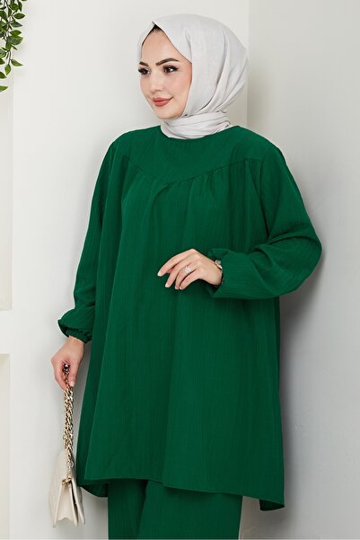 Bestenur Muslin Tunic Παντελόνι Σετ δύο τεμαχίων 1558 - Emerald Green