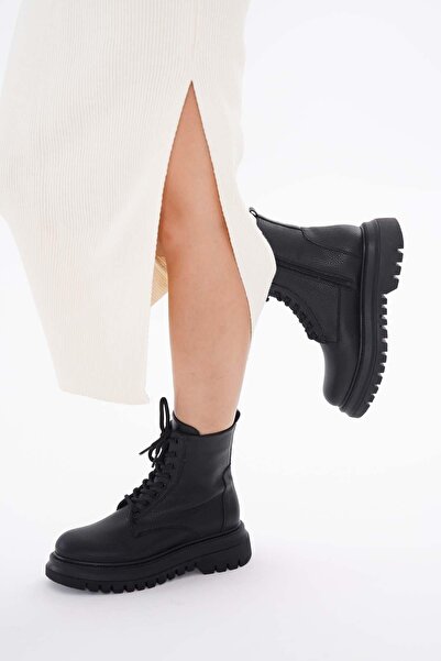 golden heel siyah kadın postal bağcıklı kalın taban bot