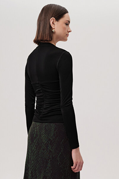 Exquise Double Breasted Collar Draped Long Sleeve Slim Fit Knitted Black Blouse