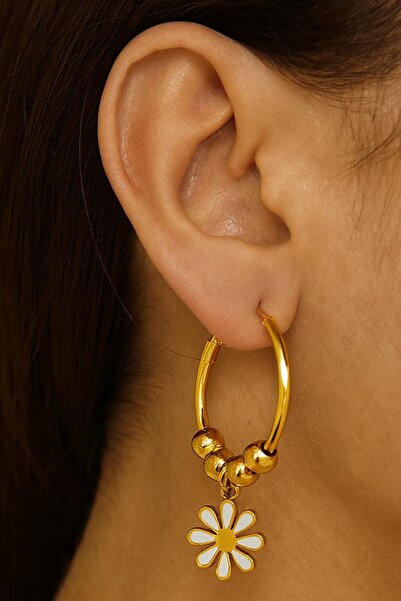 TAKIŞTIR أقراط دائرية من الفولاذ على شكل زهرة الأقحوان باللون الذهبي (زوج)