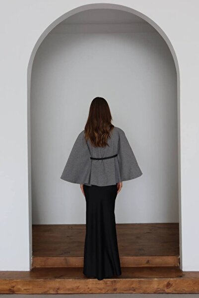 MODA Gold Button Detailed Belted Cashmere Women's Poncho Black Gold Belt