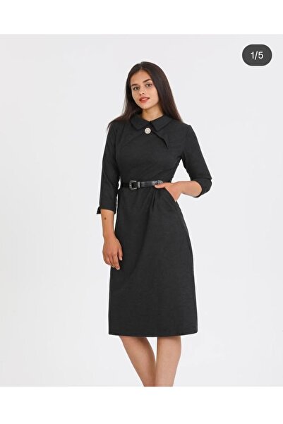 FUNDA Fashion Önden detaylı koldan manşetli kemerli elbise saf yun keçe kumaş