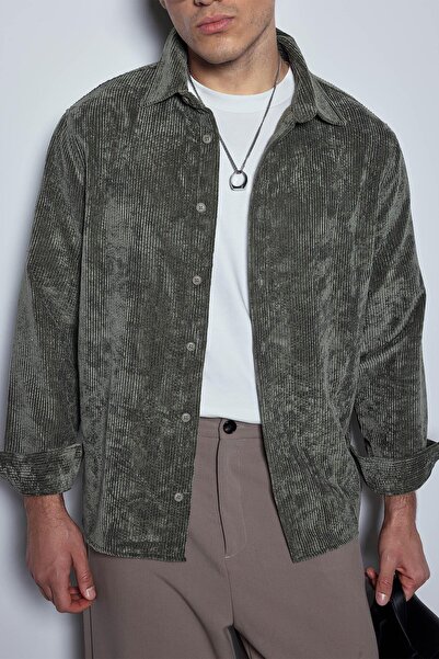 ablukaonline Ανδρικό μακρυμάνικο πουκάμισο με βελούδινη υφή χακί πράσινο
