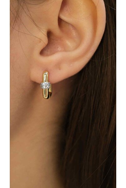 Jerie Gold Minimal Taş Detaylı Dikdörtgen Halka Küpe