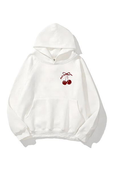 MODAGEN Unisex Beyaz Sol Göğüs Kiraz Baskılı Kapüşonlu Oversize Sweatshirt
