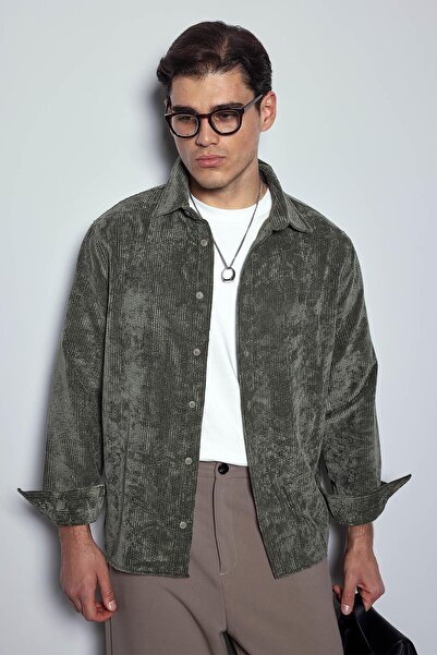 ablukaonline Ανδρικό μακρυμάνικο πουκάμισο με βελούδινη υφή χακί πράσινο