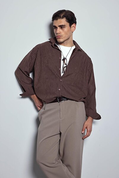 ablukaonline Ανδρικό μακρυμάνικο πουκάμισο με ρίγες καφέ