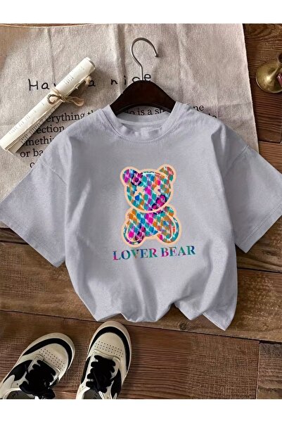 WOODROFFE Women's Color Block Bear Pattern Crew Neck T-Shirt Oversize Loose Fit