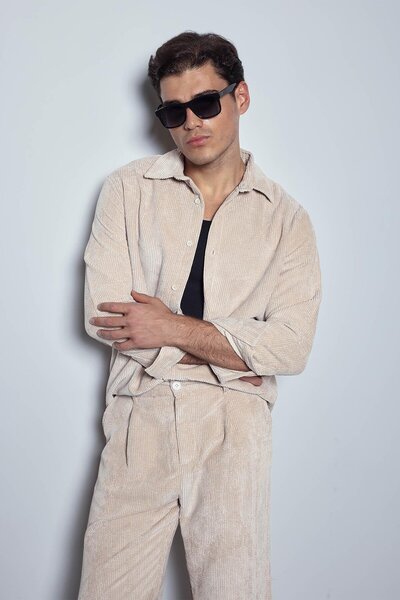 ablukaonline Erkek Oversize Kadife Dokulu Uzun Kollu Gömlek Taş Rengi