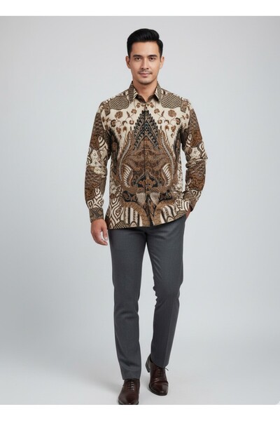 Cash Trade قميص منقوش بالباتيك - أخضر زيتوني. قميص باتيك إندونيسي (مقاس L-XL)