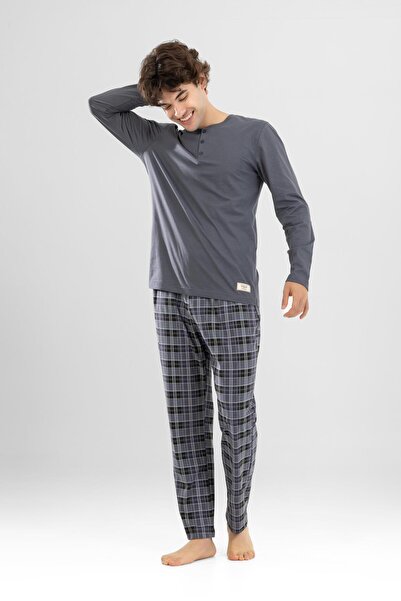 BAYKAR Men's Cotton Crew Neck Printed Long Sleeve Pajama Set 9804 Gray