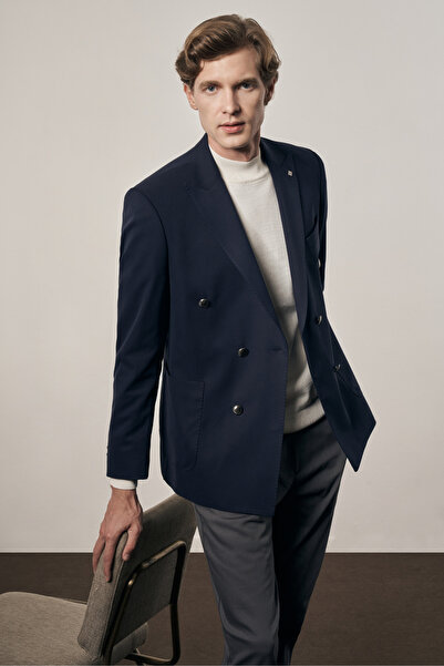 İmza Dark Navy Sword Collar Cotton 6 Drop Slim Fit Classic Double Breasted Jacket 1002255113