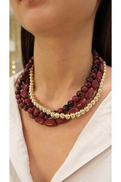 Jerie Gold Bordo Çakıl Taş Üçlü Görünüm Kolye