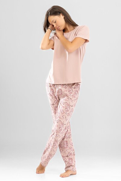 BAYKAR Women's Cotton Crew Neck Authentic Patterned Short Sleeve Pajama Set 9921 Powder