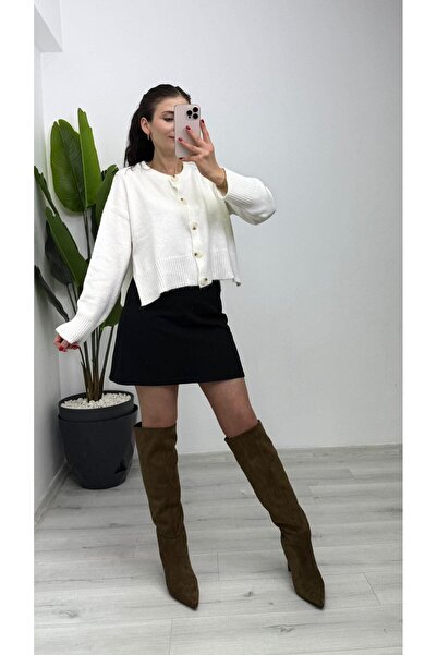 TUNAM BUTİK 4751 Soft Knit Cardigan with Side Slit Detail Ecru