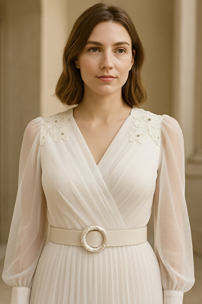 sweetyar Modern Şifon Tesettür Abiye Elbise Çiçek İşlemeli Kuşaklı