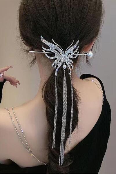 TAKIŞTIR Сребриста клипса за коса с камъни във формата на пеперуда