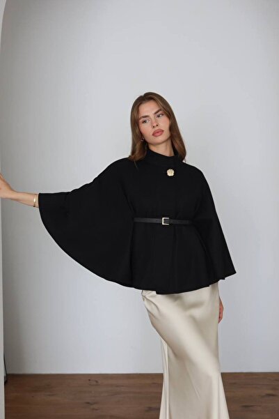 MODA Gold Button Detailed Belted Cashmere Poncho Black Gold Belt