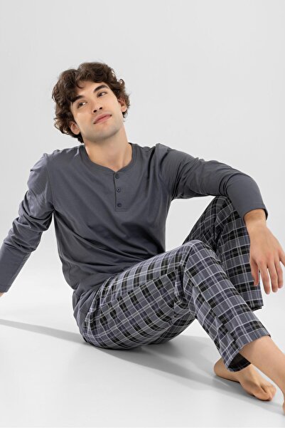 BAYKAR Men's Cotton Crew Neck Printed Long Sleeve Pajama Set 9804 Gray