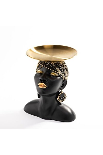 Malooki decorative statue, bust of African woman, matte black with gold accents, 22x18cm