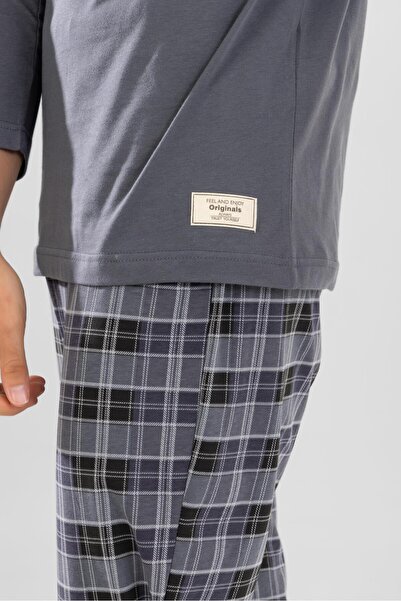 BAYKAR Men's Cotton Crew Neck Printed Long Sleeve Pajama Set 9804 Gray