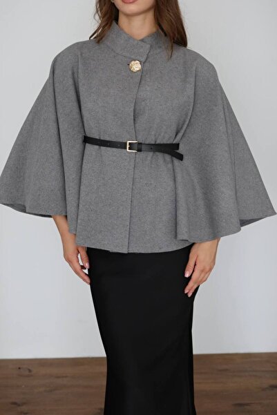 MODA Gold Button Detailed Belted Women's Poncho