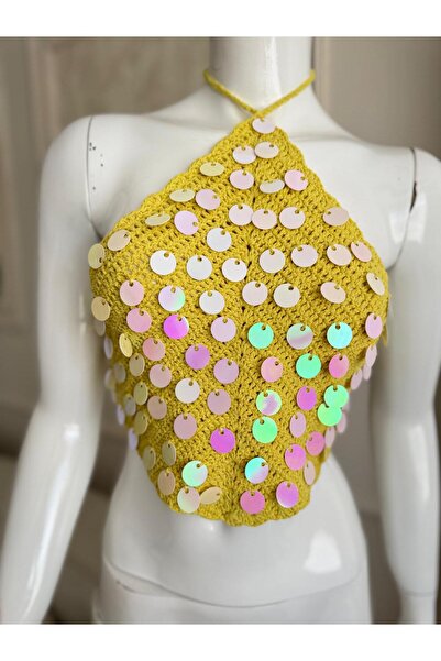 gül sezgin butik Women's Hand-Knitted Sequin Design Bustier and Hair Accessory