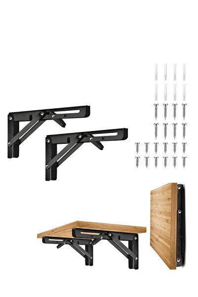 HOBİDABİ 40 cm Siyah 1 Takım Mandallı Katlanabilir Masa Konsolu - Aç Kapa Duvara Monte Katlanır L Raf Ayağı