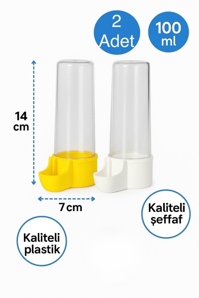 Papağanhane 2 Adet Kuş Suluk Şeffaf Plastik 100 ml – Muhabbet Kuşu, Kanarya, Papağan İçin Dayanıklı Su Kabı