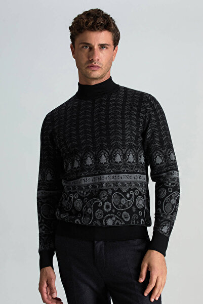 Hemington Merino Yün İpek Karışım Paisley Desen Lupetto Yaka Siyah Triko Kazak
