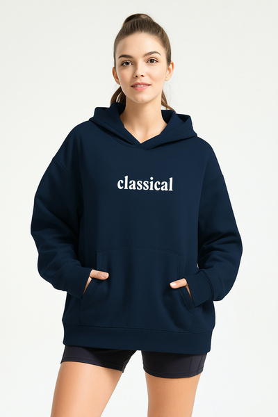 Trend Sizde Hanorac unisex cu glugă cu imprimeu clasic, albastru bleumarin