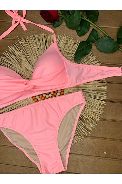 VAJESTO Kadın Toz Pembe Likralı Esnek Boyundan Bağlama İpli Şık Kaliteli Hafif Dolgulu Bikini Takım