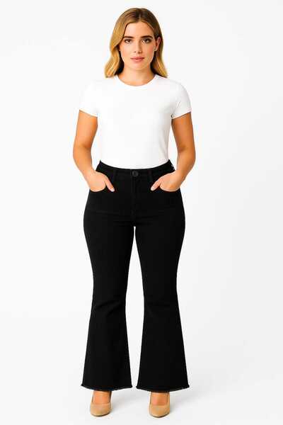 Şans Women's Plus Size Black, Front Back Cup Stitching Detail, Dirty Stitching Spanish Leg Jeans 65N39171