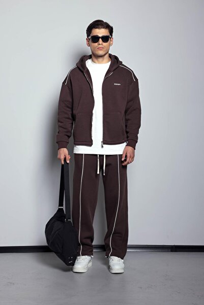 ablukaonline Мъжки комплект спортен екип с качулка и цип, кафяв