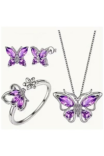 orco SET GÜNLÜK GİYİM & İŞ YERİ PURPLE BUTTERFLY ZİNCİRLİ KOLYE & YÜZÜK & KÜP...