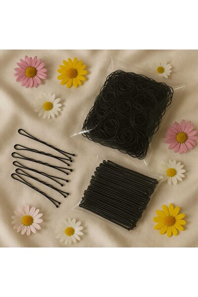 invictus design Kadın 2'li Siyah 50'li Tel Toka Ve 500'lü Minik Lastik Toka Set