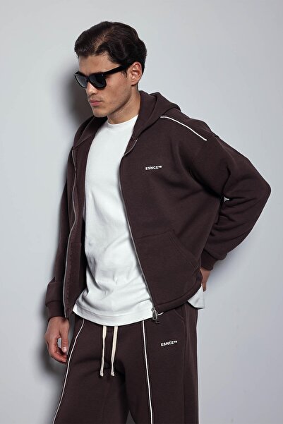 ablukaonline Мъжки комплект спортен екип с качулка и цип, кафяв