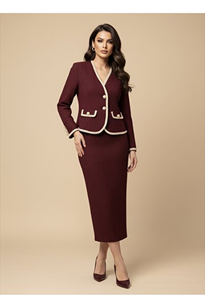 1Moda1Tarz Women's Imported Tweed Fabric Button Detailed Lined Jacket Skirt Special Design Top and Bottom Set