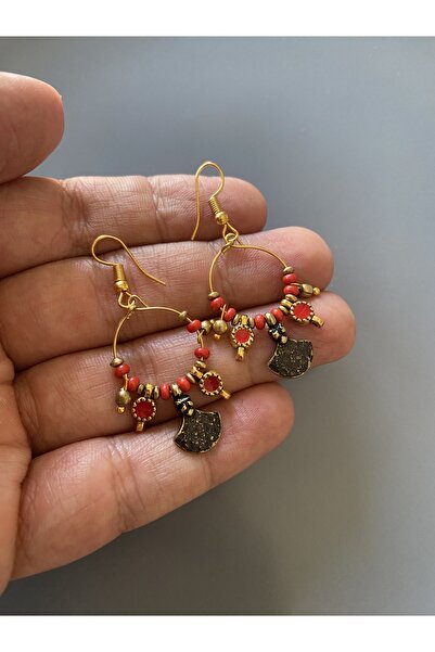 dela otantik Bohem Kırmızı Boncuklu Sallantılı Küpe – El Yapımı Etnik Otantik Tribal Bijuteri Takı