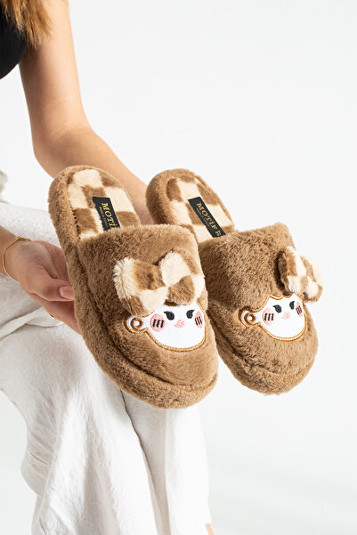 ZARICH Bubu Kadın Peluş İçi Tüylü Kaydırmaz Rahat Taban Fiyonklu Kışlık Ev Te...