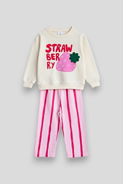 Magu Girl's Cotton Ecru Strawberry Printed Sweatshirt and Pink Striped Pants Set